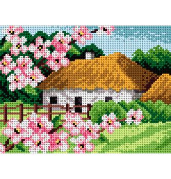 Gobelin Hiša ob cvetočem drevju | 18x24cm