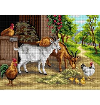 Gobelin Koze in kokoši na kmetiji | 30x40cm