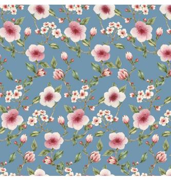 GOTS Prevešanka Češnjevi cvetovi | modra | digitalni tisk | 95%CO / 5%EL