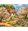 Gobelin Hiša med cvetočim drevjem | 24x30cm