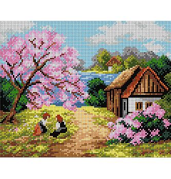 Gobelin Hiša ob cvetočem drevju | 24x30cm