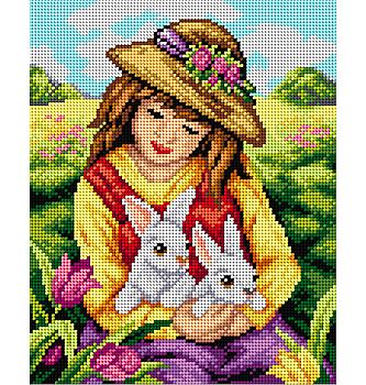 Gobelin Deklica z zajčkoma | 24x30cm