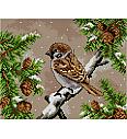 Gobelin Vrabček na zasneženi veji | 24x30cm