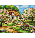 Goblen set Kuća među cvjetnim drvećem | 22 x 27,5 cm