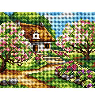 Goblen set Kuća među cvjetnim drvećem | 22 x 27,5 cm
