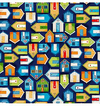 Patchwork tkanina Beach huts on dark blue | 110cm