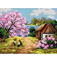 Gobelin Hiša ob cvetočem drevju | 24x30cm
