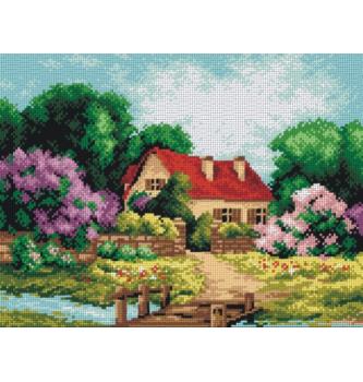 Gobelin Hiša med cvetočim grmovjem | 30x40cm
